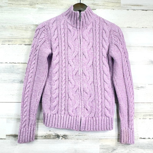 L.L.Bean Sweaters - L.L.Bean Pink Cable Knit Full Zip Mock Neck Sweater Jacket Womens XS Cotton‎